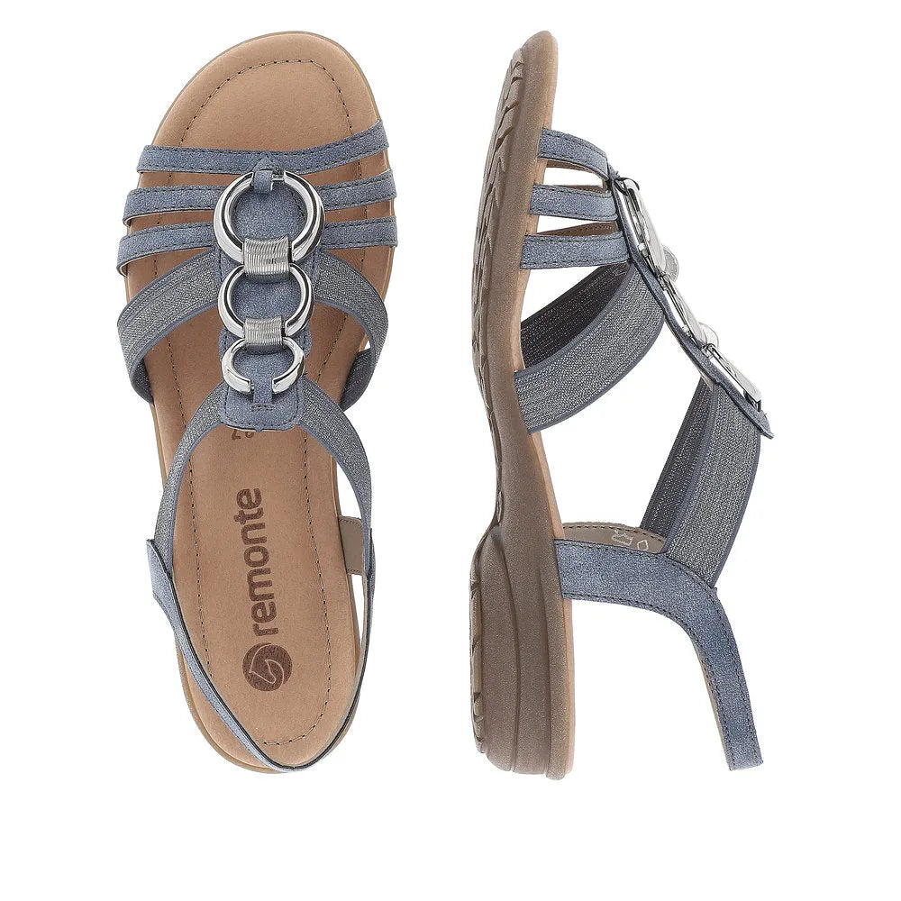 Remonte R3605-12 women's navy elasticated sandals with silver metal buckle details and cushioned footbed.