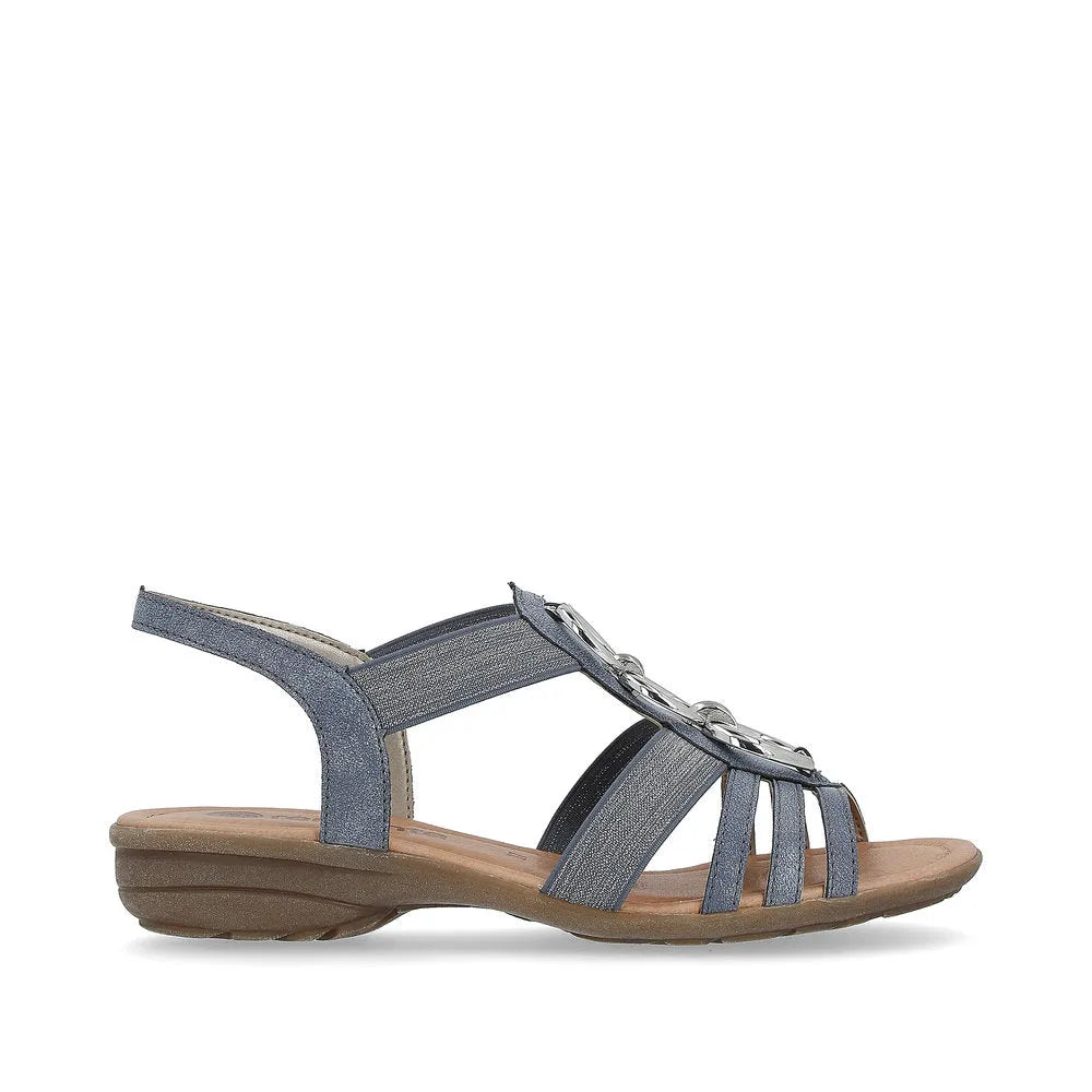 Remonte R3605-12 Ladies Navy Elasticated Sandals with chain detail, cushioned sole, and open toe design.