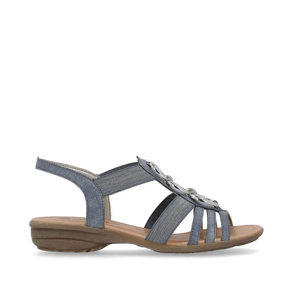 Remonte R3605-12 Ladies Navy Elasticated Sandals with chain detail, cushioned sole, and open toe design.