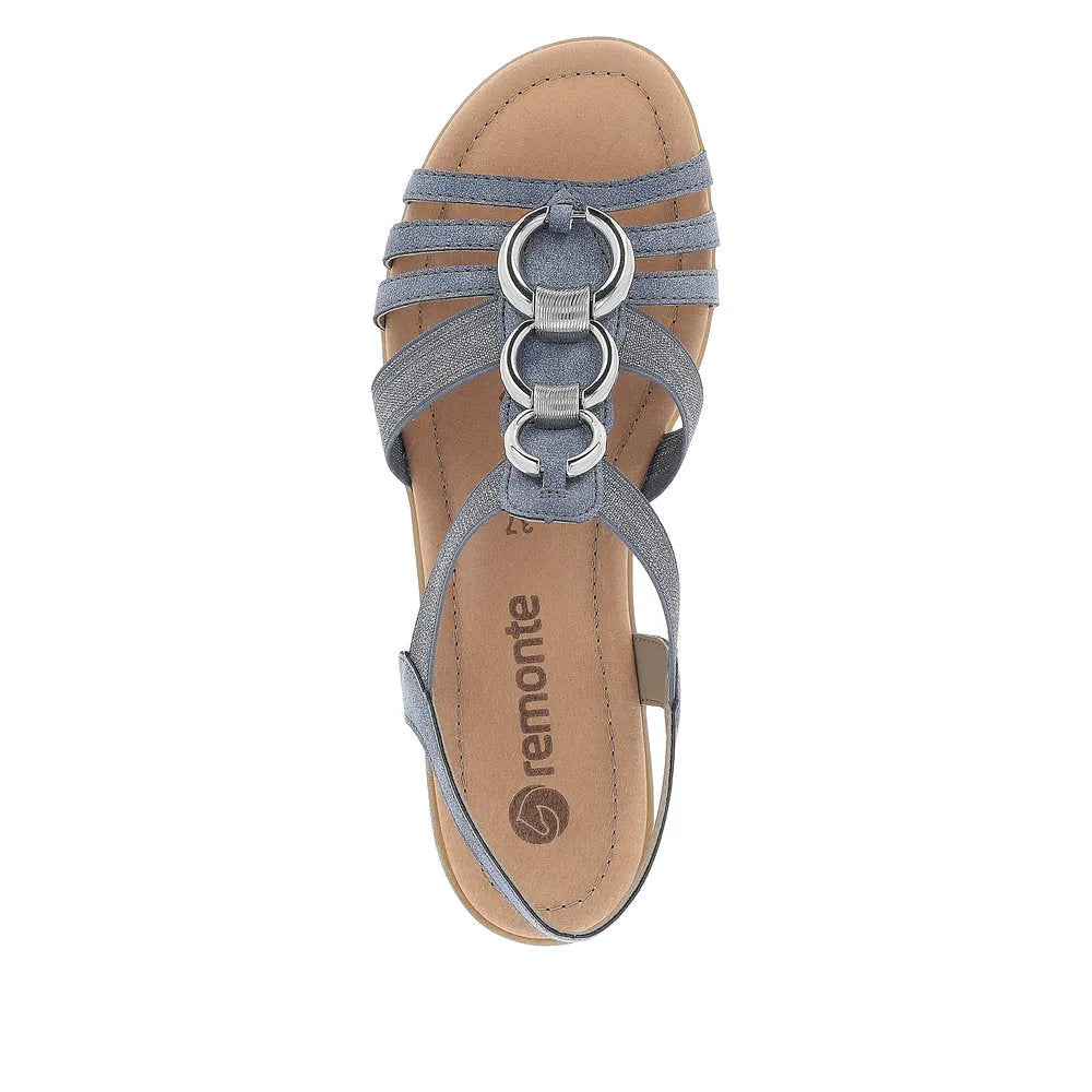 Remonte R3605-12 Ladies Navy Elasticated Sandals with metallic hardware, cushioned insole, open toe, and strappy design.