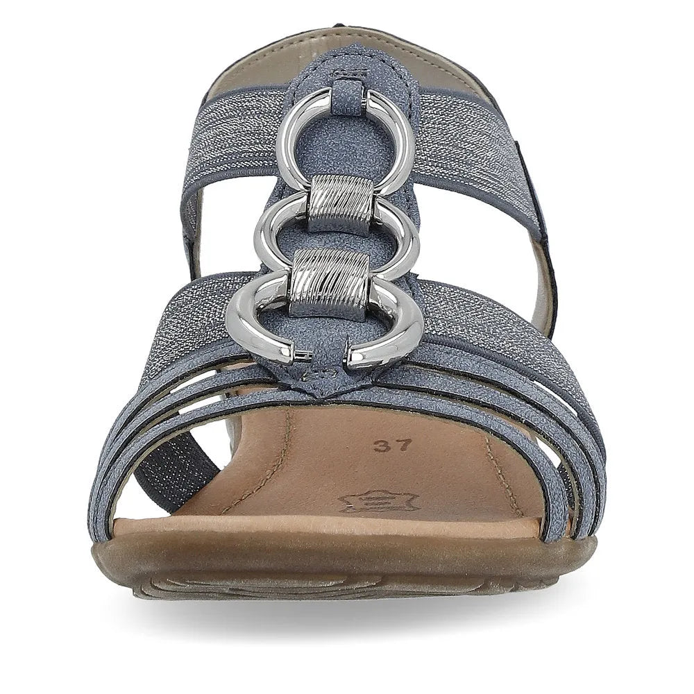 Remonte R3605-12 Ladies Navy Elasticated Sandals with metallic details and open toe design.