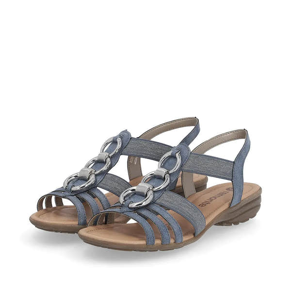 Remonte R3605-12 women's navy elasticated beach sandals with silver chain embellishments and cushioned footbed.