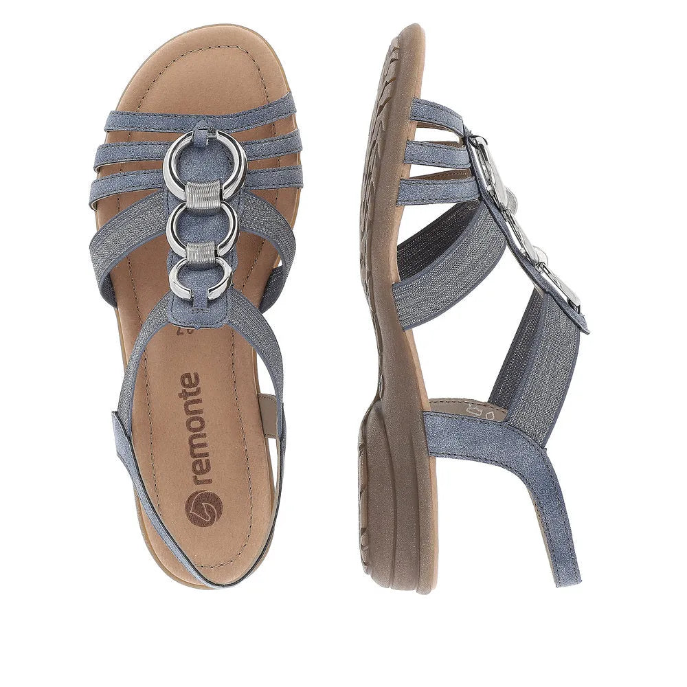 Remonte R3605-12 women's navy elasticated sandals with metallic ring accents and cushioned beige footbed.