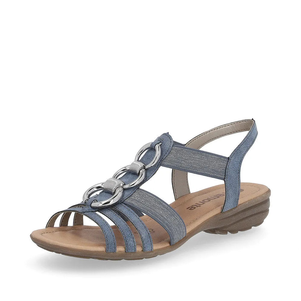 Remonte R3605-12 women's navy elasticated sandals with silver chain detail, cushioned footbed, and low wedge sole.