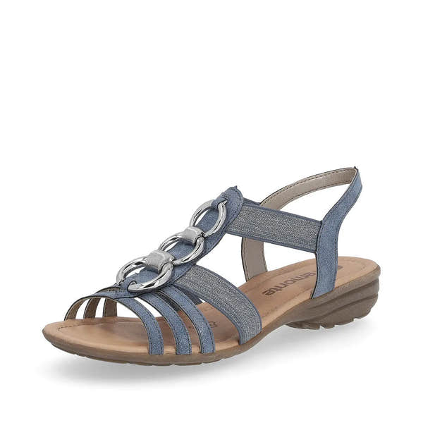 Remonte R3605-12 women's navy elasticated sandals with silver chain detail, cushioned footbed, and low wedge sole.