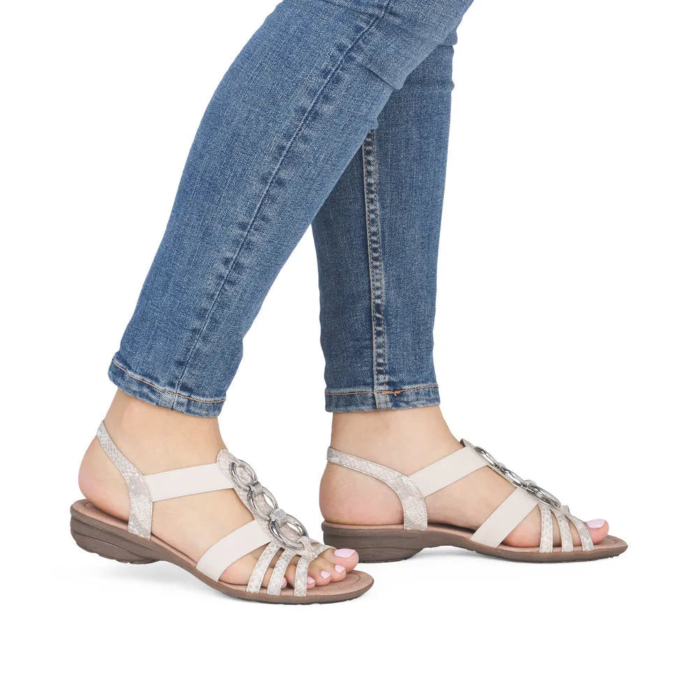 Remonte R3605-90 women's off-white gold elasticated sandals with chain details and flat soles.