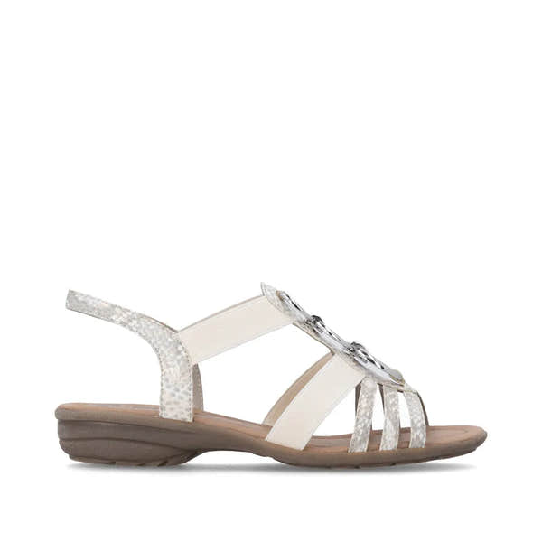 Remonte R3605-90 women's off-white gold elasticated sandal with snake print straps and decorative silver buckles, low wedge sole.