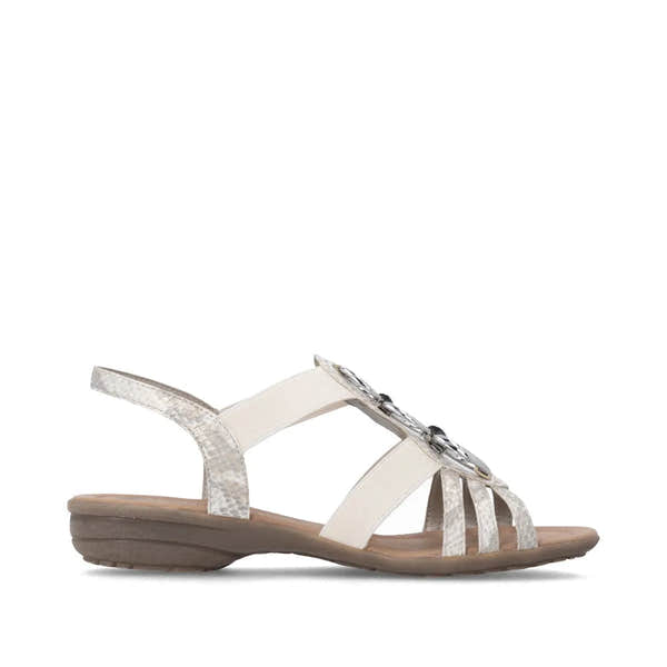 Remonte R3605-90 women's off-white gold elasticated flat sandals with embellishments, open toe, and adjustable heel strap.