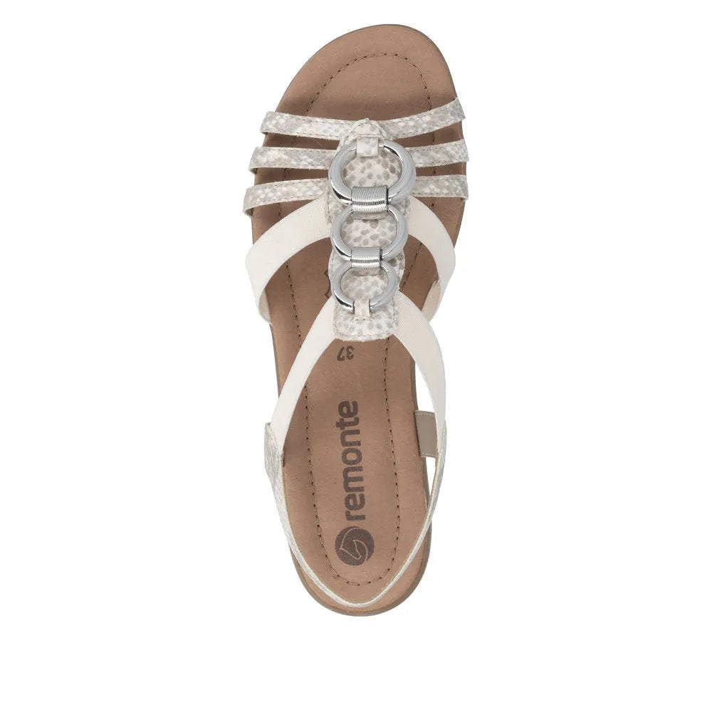 Remonte R3605-90 women's off-white gold elasticated sandals with decorative silver buckles and strappy design.