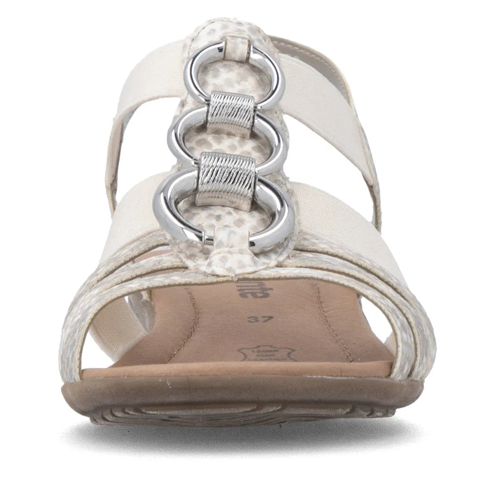 Remonte R3605-90 ladies off-white gold elasticated sandals with decorative silver rings and comfortable flat sole.