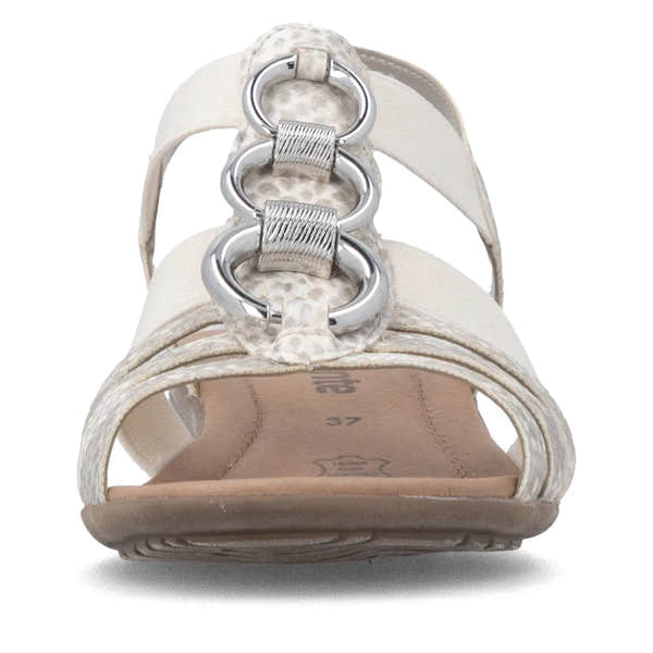 Remonte R3605-90 ladies off-white gold elasticated sandals with decorative silver rings and comfortable flat sole.