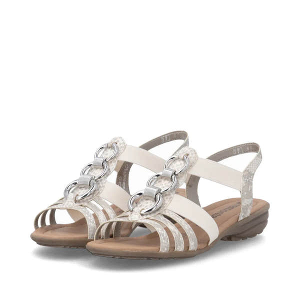 Remonte R3605-90 women's off-white gold elasticated sandals with chain details and low heel, ideal for summer footwear.