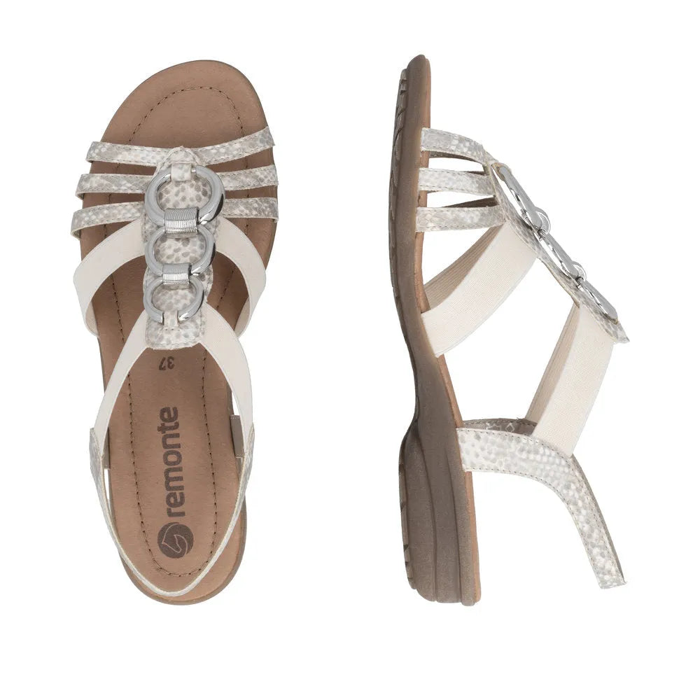 Remonte R3605-90 ladies off-white gold elasticated sandals with metallic ring accents and flat sole.