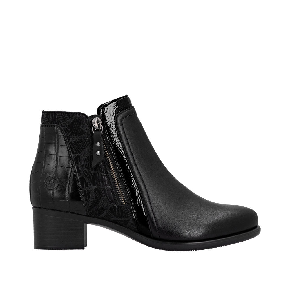 Remonte R5172-00 women's black ankle boots with side zip, block heel, and mixed textured leather for stylish comfort.