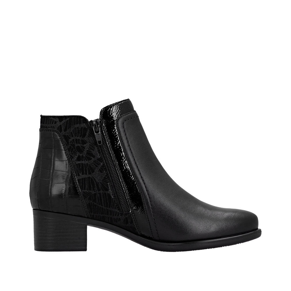 Remonte R5172-00 women's black ankle boots with side zipper, block heel, faux leather and textured panels.