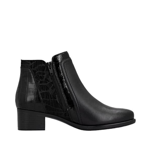 Remonte R5172-00 women's black ankle boots with side zipper, block heel, faux leather and textured panels.