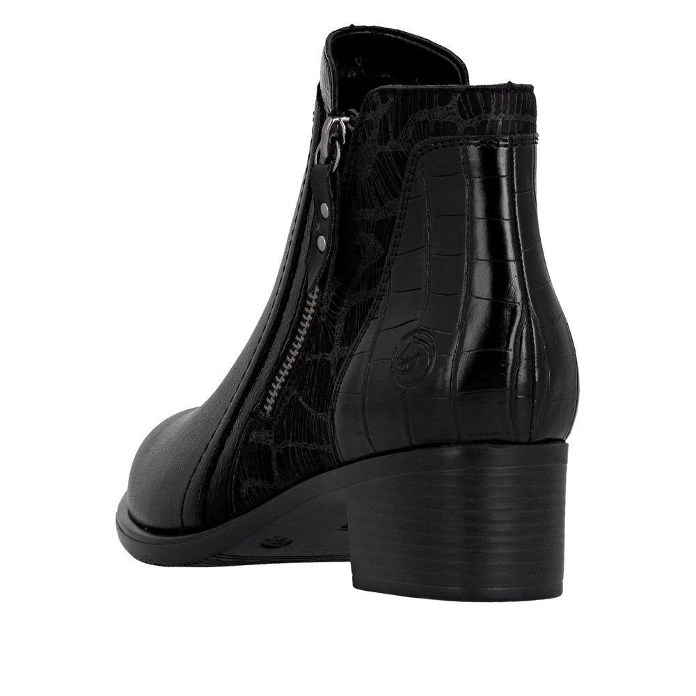 Remonte R5172-00 women's black ankle boots with side zipper, block heel, faux leather and crocodile pattern details.