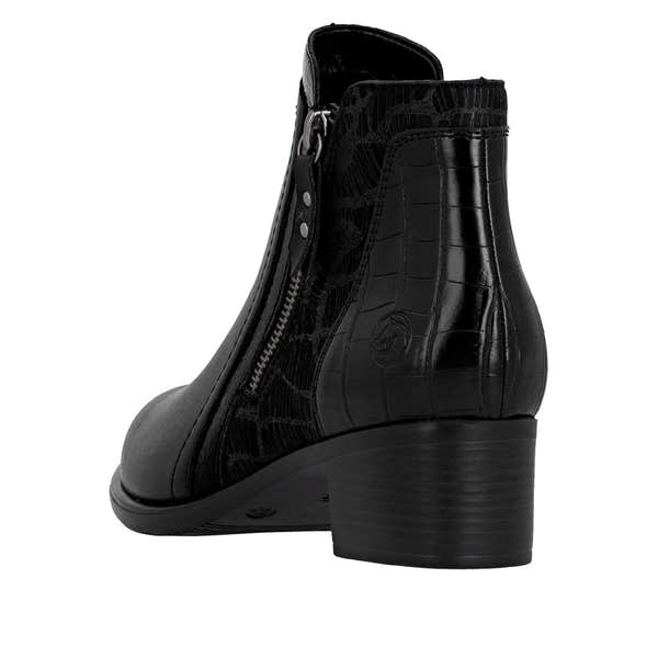 Remonte R5172-00 women's black ankle boots with side zipper, block heel, faux leather and crocodile pattern details.