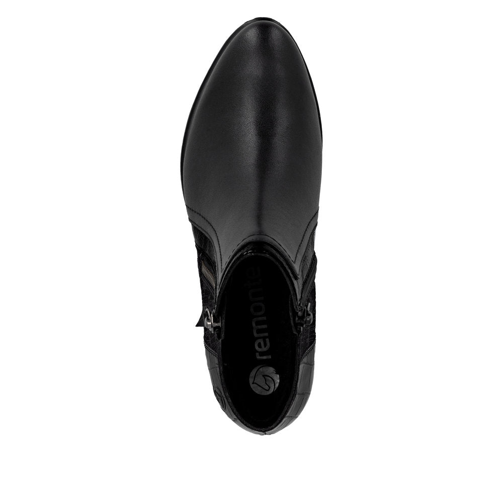 Remonte R5172-00 women's black ankle boots with side zipper, pointed toe, and ankle-height design.