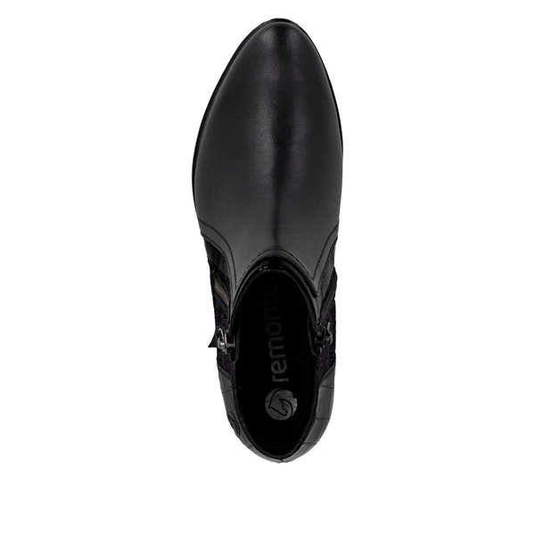 Remonte R5172-00 women's black ankle boots with side zipper, pointed toe, and ankle-height design.