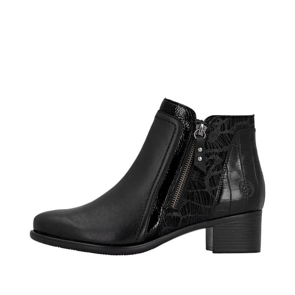 Remonte R5172-00 women's black ankle boots with side zip, block heel, faux leather and textured black design accents.