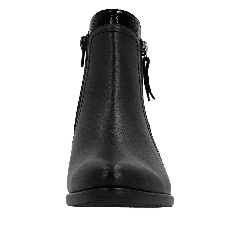 Remonte R5172-00 Women's Black Leather Side Zip Ankle Boots with low heel and pointed toe.