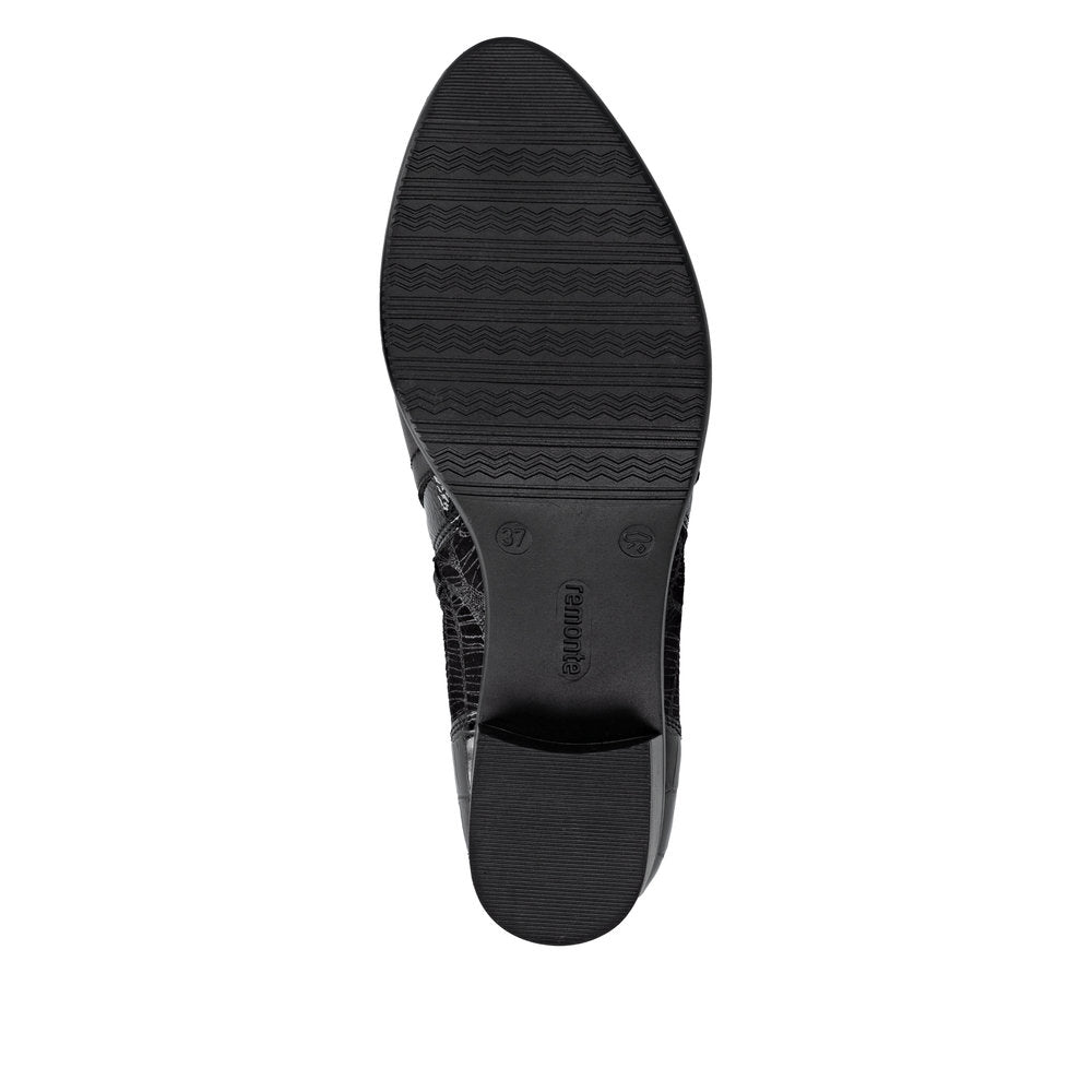 Remonte R5172-00 women's black ankle boots with side zipper, chunky heel, and textured sole for stylish comfort.