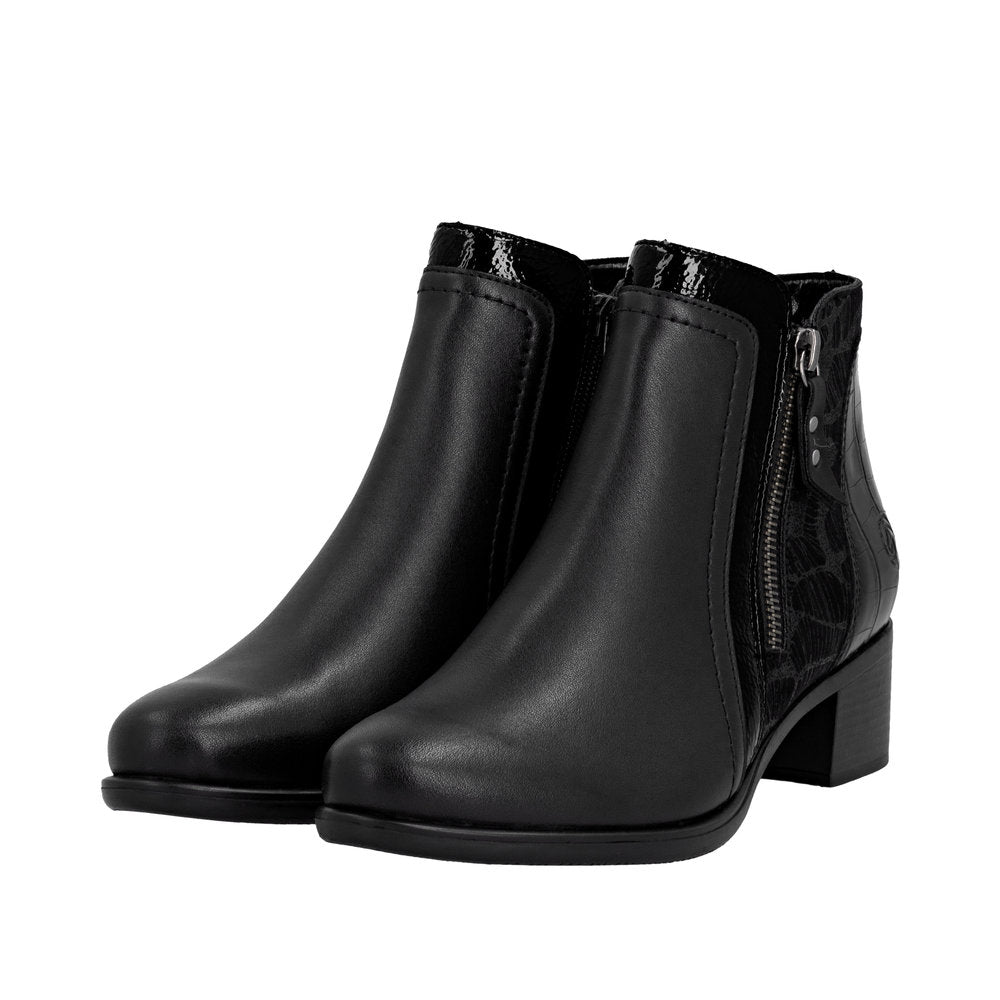 Remonte R5172-00 women's black ankle boots with side zipper, leather finish, block heel, and stylish design.
