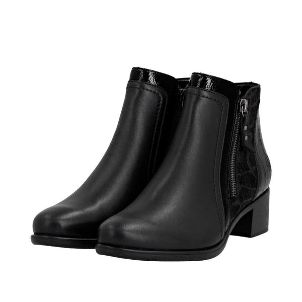 Remonte R5172-00 women's black ankle boots with side zipper, leather finish, block heel, and stylish design.