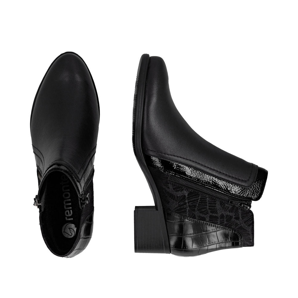 Remonte R5172-00 women's black ankle boots with side zipper, block heel, and faux leather with embossed crocodile pattern.