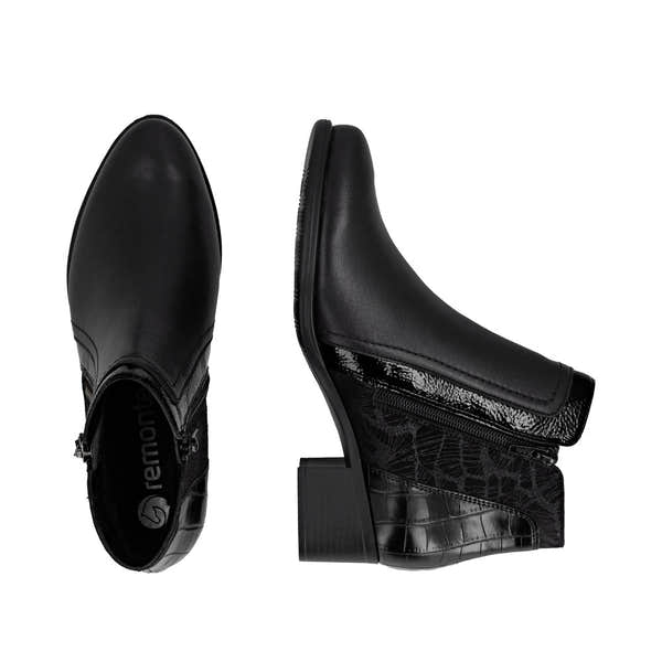 Remonte R5172-00 women's black ankle boots with side zipper, block heel, and faux leather with embossed crocodile pattern.