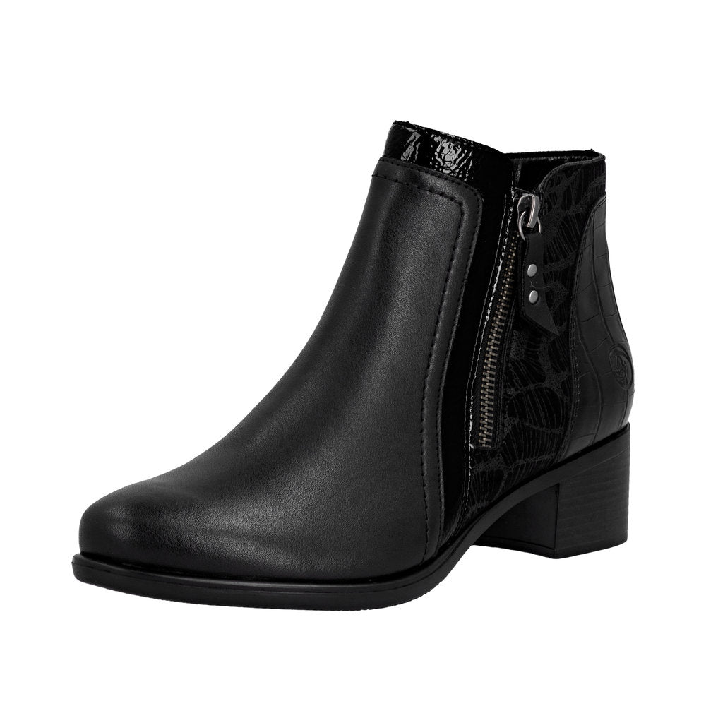 Remonte R5172-00 Women's black ankle boots with side zipper, block heel, stylish design, and synthetic leather finish.