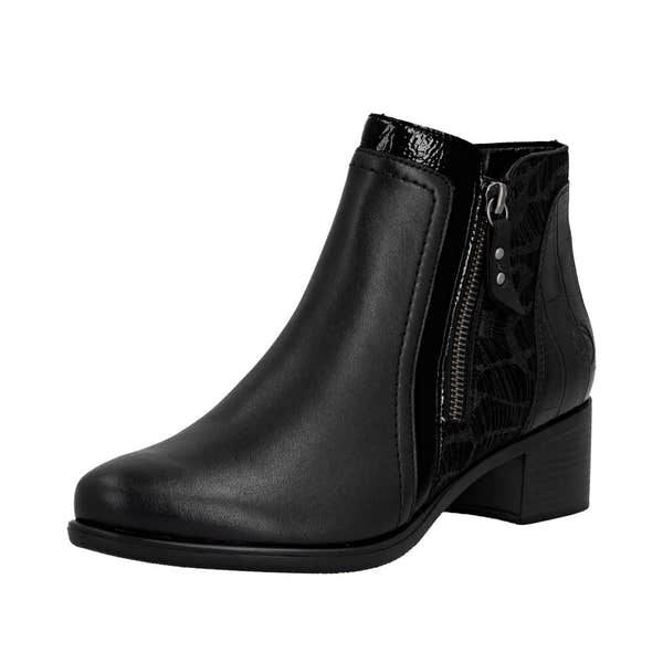 Remonte R5172-00 Women's black ankle boots with side zipper, block heel, stylish design, and synthetic leather finish.