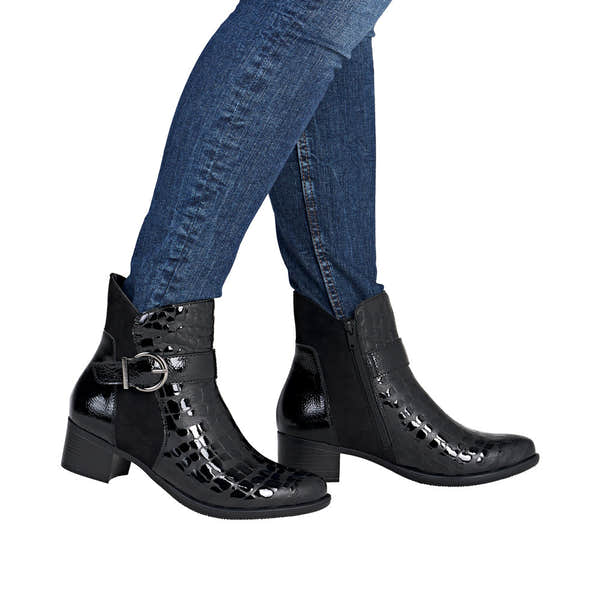 Remonte R5188-02 women's black patent leather ankle boots with side zipper and buckle detail, low block heel, stylish and slip-resistant.