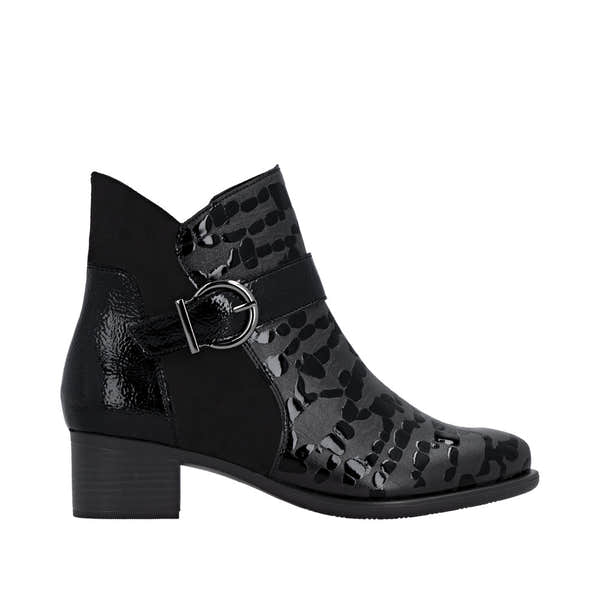 Remonte R5188-02 women's black patent leather ankle boots with side zip, rounded toe, chunky heel, and decorative strap with silver buckle.