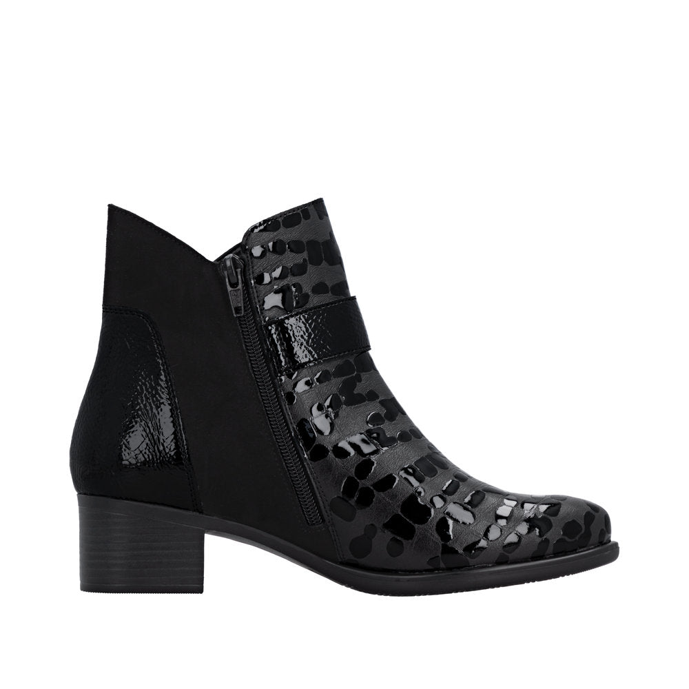 Remonte R5188-02 women's black patent leather ankle boots with side zipper and cutout design, block heel, stylish and versatile footwear.
