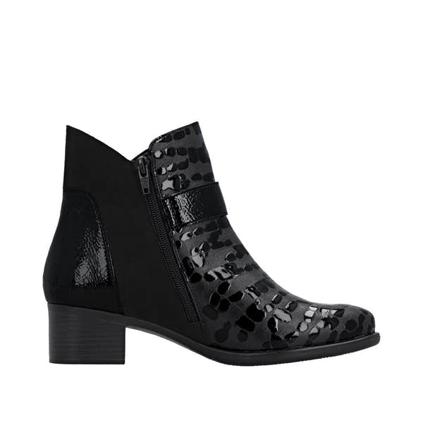 Remonte R5188-02 women's black patent leather ankle boots with side zipper and cutout design, block heel, stylish and versatile footwear.