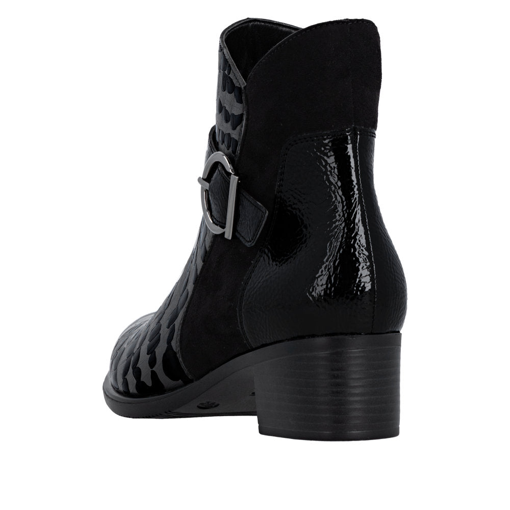 Remonte R5188-02 women's black patent leather ankle boots with side zipper, block heel, and stylish buckle detail.