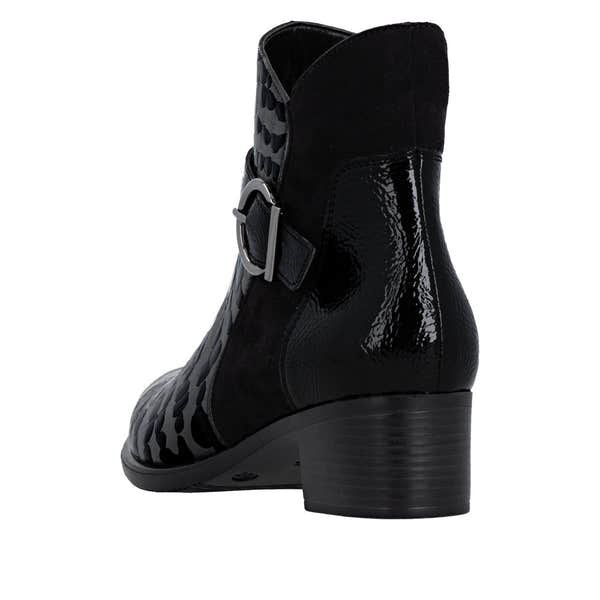 Remonte R5188-02 women's black patent leather ankle boots with side zipper, block heel, and stylish buckle detail.