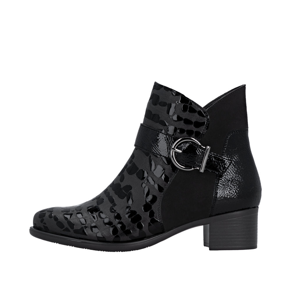 Remonte R5188-02 women's black patent leather ankle boots with side zip and decorative buckle, stylish block heel.