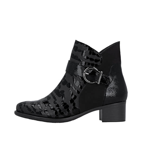 Remonte R5188-02 women's black patent leather ankle boots with side zip and decorative buckle, stylish block heel.