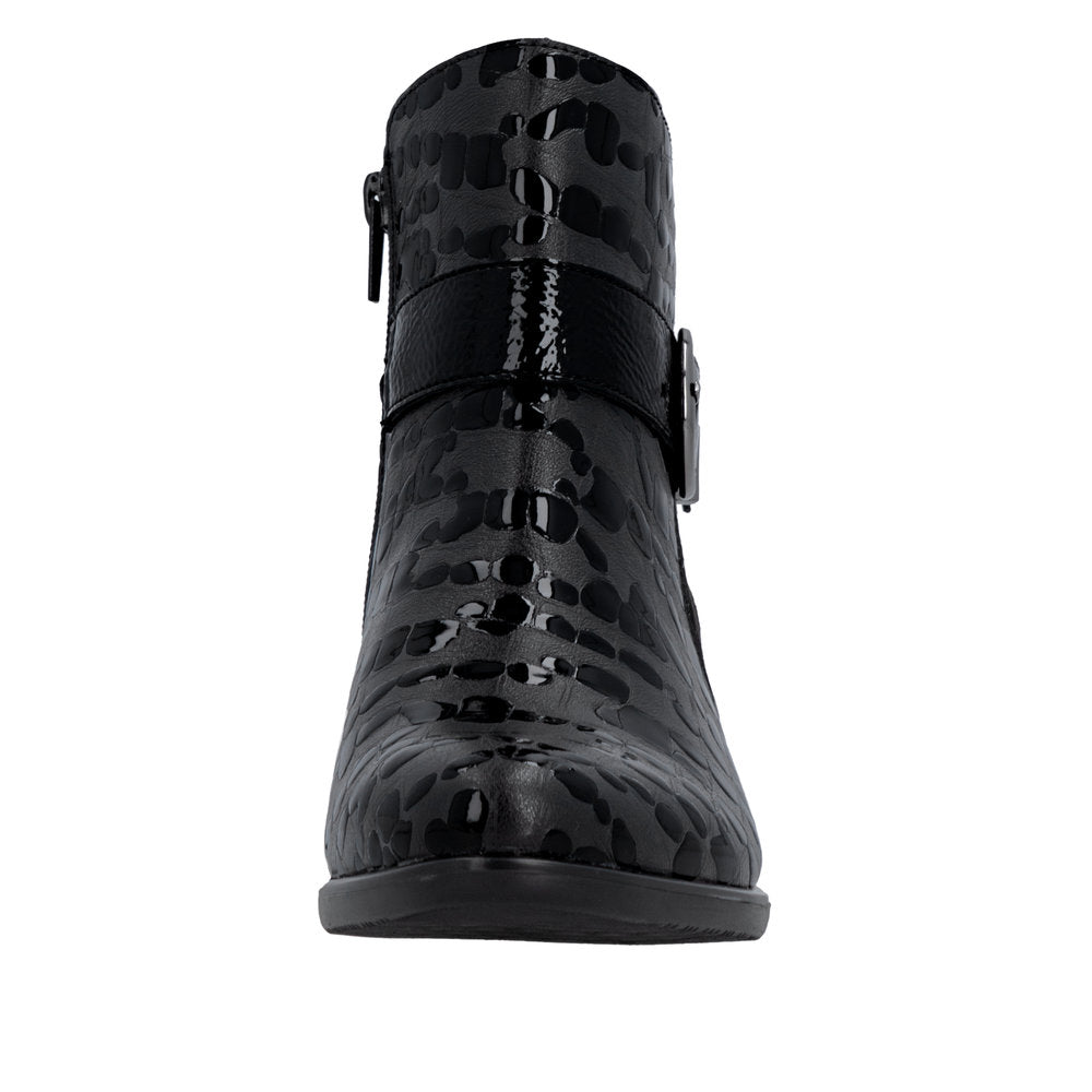Remonte R5188-02 Ladies black patent leather ankle boots with side zipper, stylish animal print design, and low heel.