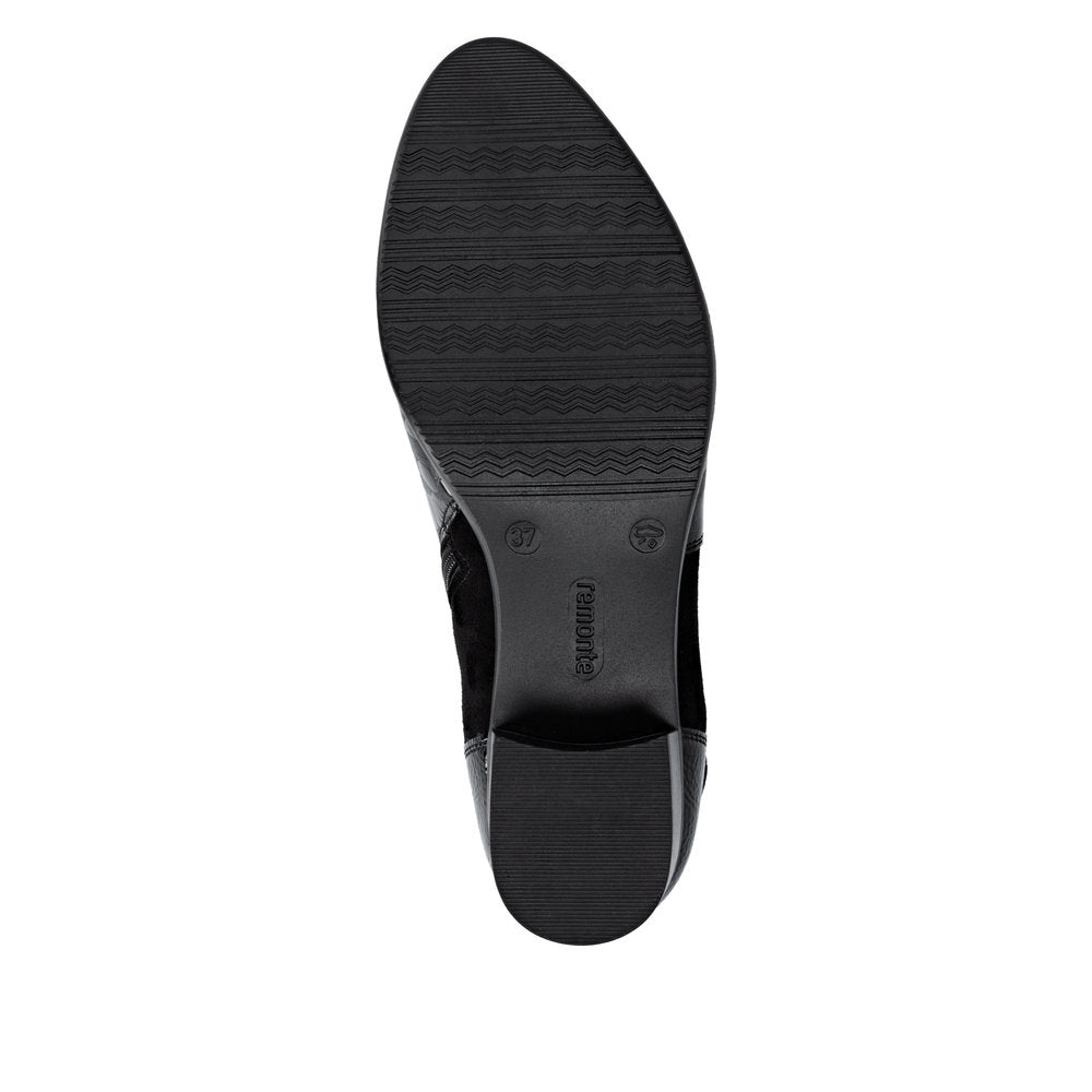 Remonte R5188-02 women's black patent leather ankle boots with side zipper, low block heel, and textured outsole.
