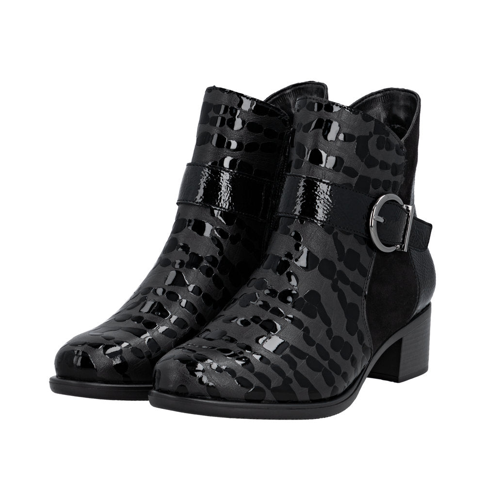 Remonte R5188-02 women's black patent leather ankle boots with side zipper, block heel, and animal print design.