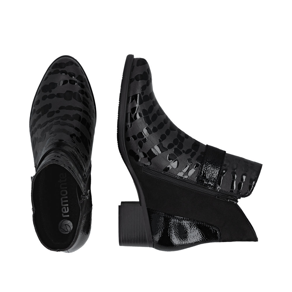 Remonte R5188-02 women's black patent leather ankle boots with side zipper and block heel, stylish and glossy finish.