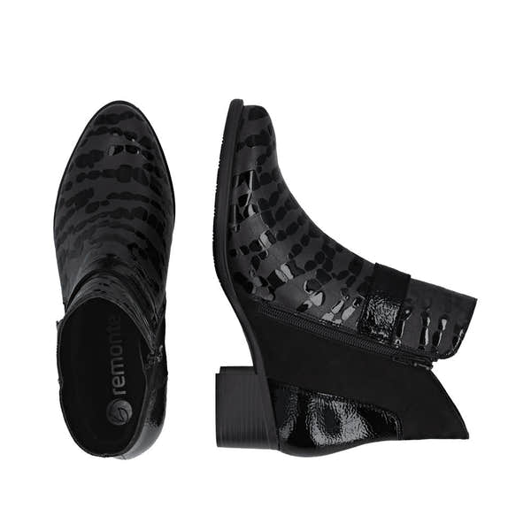 Remonte R5188-02 women's black patent leather ankle boots with side zipper and block heel, stylish and glossy finish.