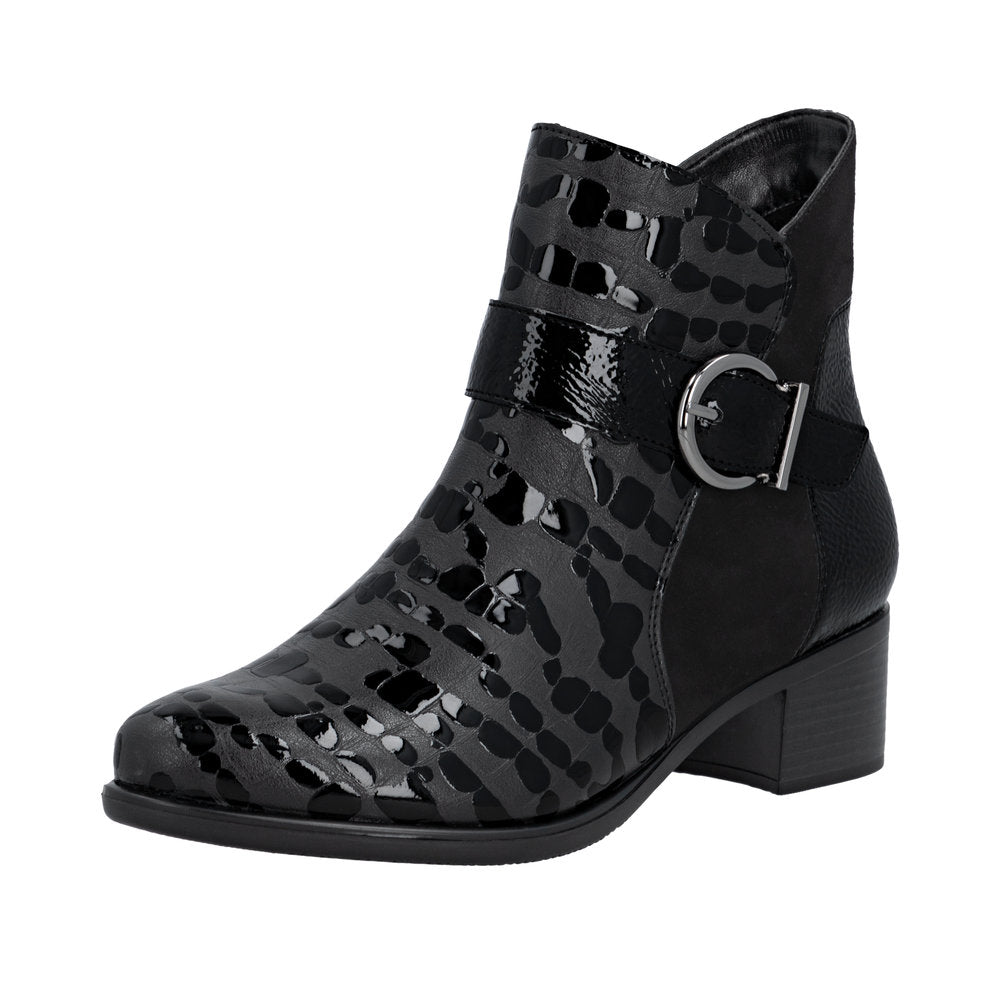 Remonte R5188-02 women's black patent leather ankle boots with side zipper and buckle detail, stylish and comfortable for everyday wear.