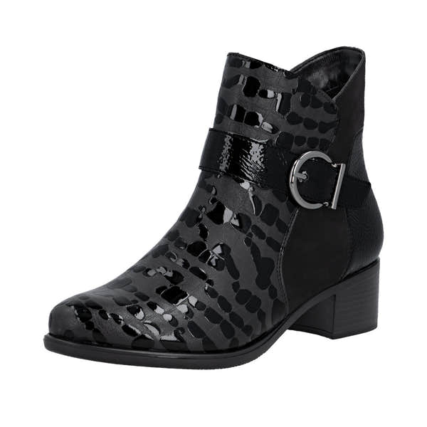 Remonte R5188-02 women's black patent leather ankle boots with side zipper and buckle detail, stylish and comfortable for everyday wear.