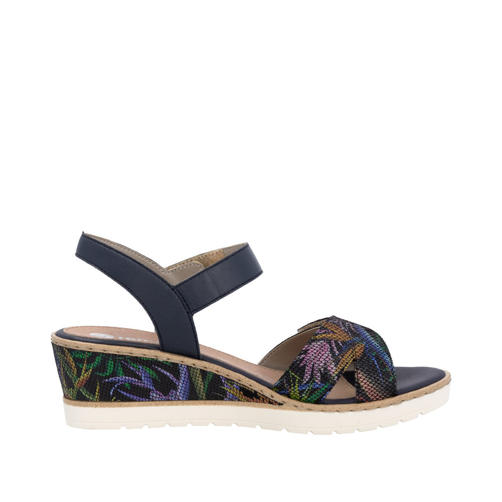 Remonte R6252-15 women's multi-leather sandals with touch-fastening straps, floral pattern on wedge heel, and cushioned footbed.