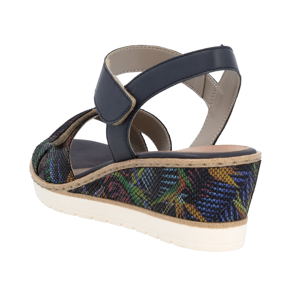 Remonte R6252-15 women's multi leather touch fastening wedge sandals with colorful patterned accents and cushioned footbed.